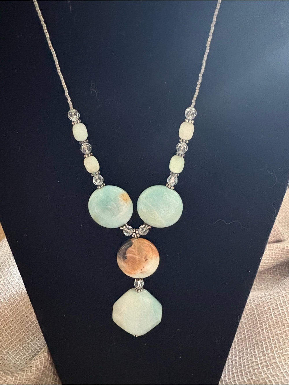 Amazonite Stone Seafoam Green and Tan Crystal Beaded Pendant Necklace